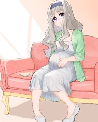Rule 34 | 10s, 1girl, absurdres, blue eyes, book, breasts, commentary request, couch, darling in the franxx, dress, hairband, hand on own stomach, highres, k-1783, kokoro (darling in the franxx), long hair, medium breasts, pregnant, sitting, smile, solo, spoilers, white dress