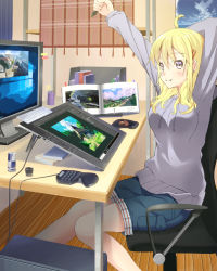 Rule 34 | 1girl, bad id, bad pixiv id, blonde hair, blue shorts, blush, book, chair, commentary request, computer, desk, drawing tablet, fang, fang out, from side, grey eyes, grey hoodie, hair ornament, hairclip, highres, holding, hood, hood down, hoodie, indoors, keyboard (computer), long hair, long sleeves, looking at viewer, monitor, mouse (computer), mousepad (object), naohiro, office chair, original, poster (object), shorts, sitting, smile, solo, stretching, swivel chair, wooden floor