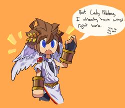 Rule 34 | 1boy, absurdres, angel wings, blue eyes, brown hair, english text, highres, kid icarus, kid icarus uprising, male focus, nintendo, open mouth, orange background, pit (kid icarus), pointing, pointing at self, rising (risingacetrainer), sketch, solo, speech bubble, wings