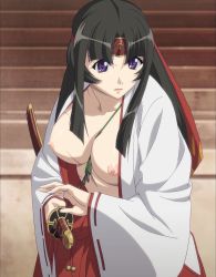 Rule 34 | 1girl, absurdres, black hair, breasts, female focus, highres, japanese clothes, katana, large breasts, long hair, miko, nipples, purple eyes, queen&#039;s blade, screencap, solo, stitched, sword, third-party edit, tomoe (queen&#039;s blade), weapon