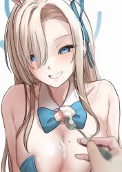Rule 34 | 1girl, 1other, absurdres, asuna (blue archive), asuna (bunny) (blue archive), asymmetrical bangs, blue archive, blue bow, blue bowtie, blue eyes, bow, bowtie, breasts, cake, cream on breasts, detached collar, food, grin, hair over one eye, halo, highres, holding, holding spoon, large breasts, leotard, light brown hair, long bangs, long hair, looking at viewer, mole, mole on breast, official alternate costume, playboy bunny, pointy breasts, pov, simple background, smile, solo focus, spoon, t oaru, upper body, white background