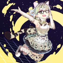 Rule 34 | 10s, 1girl, animal ears, back bow, bad id, bad pixiv id, bare shoulders, blonde hair, bow, bowtie, brown hair, cat ears, cat tail, elbow gloves, frilled skirt, frills, glasses, gloves, high-waist skirt, jumping, kemono friends, margay (kemono friends), margay print, multicolored hair, one eye closed, pleated skirt, short hair, skirt, solo, tail, tamiku (shisyamo609), thighhighs, vest