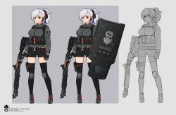 Rule 34 | 12-gauge, 12-gauge (2 3/4 inch shell), 1girl, ammunition, ballistic shield, belt, breast pocket, breasts, combat shotgun, commentary, commentary request, dual-mode shotgun, earpiece, english commentary, fingerless gloves, franchi, girls&#039; frontline, gloves, grey shirt, gun, hair ribbon, highres, holster, italian flag, knee pads, large breasts, load bearing equipment, pocket, ponytail, pouch, pump-action shotgun, pump action, red eyes, ribbon, riot shield, semi-automatic firearm, semi-automatic shotgun, shield, shirt, shoes, shorts, shotgun, shotgun shell, sneakers, spas-12, spas-12 (girls&#039; frontline), terras, thighhighs, weapon, white hair, zettai ryouiki