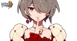 Rule 34 | 1girl, alternate costume, brown hair, closed mouth, earrings, honkai (series), honkai impact 3rd, index finger raised, jewelry, long sleeves, looking at viewer, meadow (morphinecaca), mole, mole under eye, purple eyes, rita rossweisse, rita rossweisse (umbral rose), short hair, simple background, smile, solo, white background