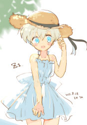 Rule 34 | 1girl, alternate costume, aqua eyes, blush, character name, dated, dress, fujii rino, grey hair, hat, kantai collection, one-hour drawing challenge, open mouth, short hair, simple background, sleeveless, sleeveless dress, solo, straw hat, sundress, teeth, upper teeth only, white dress, z1 leberecht maass (kancolle)