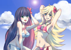 Rule 34 | 10s, 2girls, armpits, arms up, artist request, bare shoulders, bikini, blonde hair, blush, breasts, cleavage, cloud, long hair, multicolored hair, multiple girls, open mouth, panty &amp; stocking with garterbelt, panty (psg), pink hair, purple hair, smile, stocking (psg), swimsuit, very long hair