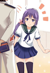 Rule 34 | &gt;:), +++, 10s, 1boy, 1girl, admiral (kancolle), akebono (kancolle), akebono kai (kancolle), arrow (symbol), black thighhighs, blue skirt, closed mouth, collarbone, flower, gift, hair flower, hair ornament, holding, holding gift, kantai collection, low ponytail, motion lines, outline, pleated skirt, purple eyes, sailor collar, sazaki hiyoru, shirt, short sleeves, skirt, standing, thighhighs, uniform, v-shaped eyebrows, white day, white shirt