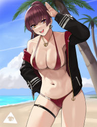 Rule 34 | 1girl, arm up, bare shoulders, beach, bikini, black jacket, black legwear, blue sky, breasts, cloud, collarbone, commentary, cowboy shot, day, donburi (donburikazoku), earrings, gluteal fold, hand up, heart, heart earrings, heart necklace, heterochromia, high ponytail, highres, hololive, horizon, houshou marine, houshou marine (summer), jacket, jewelry, large breasts, long hair, long sleeves, looking at viewer, navel, necklace, o-ring, o-ring thigh strap, ocean, open clothes, open jacket, outdoors, palm tree, red bikini, red eyes, red hair, round teeth, skindentation, sky, smile, solo, swimsuit, teeth, thigh strap, thighs, tree, virtual youtuber, yellow eyes