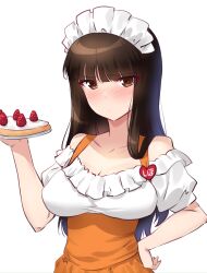 Rule 34 | 1girl, blush, breasts, brown eyes, brown hair, cake, cleavage, food, girls und panzer, hand on own hip, highres, kuzuryuu kennosuke, large breasts, long hair, looking at viewer, maid headdress, nishizumi shiho, simple background, skirt, solo, suspender skirt, suspenders, sweat, upper body, waitress, white background
