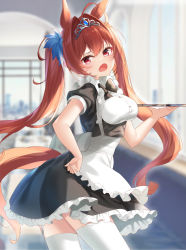 Rule 34 | 1girl, ahoge, alternate costume, animal ears, apron, black dress, blurry, blurry background, breasts, brown hair, commentary request, daiwa scarlet (umamusume), day, depth of field, dress, enmaided, fang, frilled apron, frills, from side, garter straps, hair between eyes, hair intakes, hand on own hip, highres, holding, holding tray, horse ears, horse girl, horse tail, indoors, long hair, looking at viewer, looking to the side, maid, medium breasts, open mouth, puffy short sleeves, puffy sleeves, red eyes, rukinya (nyanko mogumogu), shirt, short sleeves, solo, tail, thighhighs, tiara, tray, twintails, umamusume, very long hair, white apron, white shirt, white thighhighs