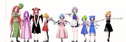 Rule 34 | 6+girls, absurdres, cirno, commentary request, cup, daitoutei, daiyousei, flandre scarlet, from side, full body, hands on own hips, hat, unworn hat, unworn headwear, height chart, highres, hong meiling, izayoi sakuya, koakuma, looking at viewer, multiple girls, no headwear, no headwear, outstretched arms, patchouli knowledge, remilia scarlet, rumia, shadow, spread arms, teacup, teapot, embodiment of scarlet devil, touhou, tray