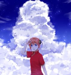 Rule 34 | 1girl, blue eyes, blue sky, brown hair, china dress, chinese clothes, cloud, double bun, dress, gintama, hair bun, highres, kagura (gintama), looking at viewer, open mouth, red dress, short hair, short sleeves, sky, solo, standing, upper body, yayoi (chepiiii23)
