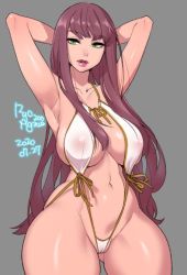 Rule 34 | 1girl, 2020, agawa ryou, armpits, arms up, bikini, breasts, brown hair, cleft of venus, commentary, cowboy shot, dated, gluteal fold, green eyes, grey background, large breasts, lips, lipstick, long hair, looking at viewer, makeup, navel, original, see-through, signature, simple background, solo, swimsuit, thick thighs, thighs, very long hair, white bikini