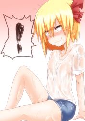 Rule 34 | 1girl, alternate costume, blonde hair, blush, collarbone, constricted pupils, female focus, hair ribbon, highres, ribbon, rumia, short hair, shorts, solo, sweat, takorice, touhou, wavy mouth, wet