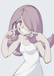 Rule 34 | 1girl, bare shoulders, breasts, collarbone, commentary request, dress, eyeshadow, hair over one eye, half-closed eyes, highres, little witch academia, long hair, looking at viewer, makeup, pale skin, pink hair, pointing, pointing at self, popopo, red eyes, sharp teeth, simple background, small breasts, smile, solo, sucy manbavaran, teeth, upper body, white background, white dress