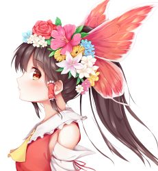 Rule 34 | 1girl, ascot, bare shoulders, black hair, blush, brown eyes, butterfly hair ornament, detached sleeves, dress, flower, hair flower, hair ornament, hair tubes, hakurei reimu, hibiscus, highres, igayan, lily (flower), long hair, looking at viewer, ponytail, red dress, red eyes, red flower, red rose, rose, solo, touhou, upper body