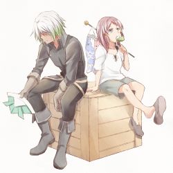 Rule 34 | 1boy, 1girl, black jacket, black pants, blue eyes, boots, brown hair, collarbone, dezel (tales), eating, full body, gloves, gradient hair, green hair, grey footwear, grey gloves, grey shorts, holding, jacket, looking up, mishiro (andante), multicolored hair, pants, rose (tales), shirt, short hair, short shorts, shorts, silver hair, simple background, sitting, tales of (series), tales of zestiria, white background, white shirt