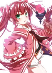 Rule 34 | 1girl, alternate costume, armband, blush, gloves, green eyes, hair ornament, looking at viewer, mary skelter, mizunashi (second run), open mouth, oyayubihime (mary skelter), pink hair, solo, twintails