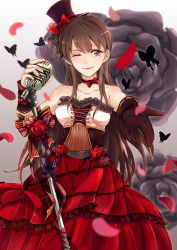 Rule 34 | 1girl, absurdres, bad id, bad pixiv id, bare shoulders, brown eyes, brown hair, bug, butterfly, choker, dress, eris.y (7hai), flower, frills, gloves, highres, bug, lips, lipstick, long hair, makeup, microphone, microphone stand, nail polish, original, petals, ribbon, rose, rose petals, single glove, solo