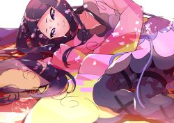 Rule 34 | 1girl, absurdres, black hair, blush, choker, closed mouth, collarbone, commentary, creatures (company), eyelashes, frills, game freak, gym leader, highres, japanese clothes, long hair, long sleeves, looking at viewer, lying, nintendo, on side, pokemon, pokemon xy, pon yui, purple choker, purple eyes, smile, solo, valerie (pokemon), very long hair