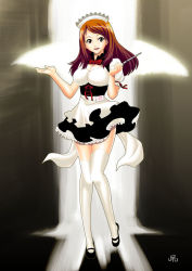 Rule 34 | 1girl, breasts, brown eyes, brown hair, cleavage, dress, legs, lips, long hair, maid, mary janes, original, shirihime, shiriotome, shoes, skirt, solo, thighhighs, wings