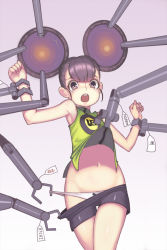 Rule 34 | 1girl, bike shorts, black hair, clothes pull, navel, open mouth, panties, panty pull, pulled by self, shirt, shorts, shorts pull, sleeveless, sleeveless shirt, solo, tears, underwear, yuksi