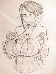 Rule 34 | 1girl, bare shoulders, bijin onna joushi takizawa-san, blush, breasts, cleavage, cleavage cutout, clothing cutout, commentary, cosplay, earrings, elbow gloves, elf, elf-san wa yaserarenai., erufuda-san, erufuda-san (cosplay), food, food between breasts, french fries, gloves, hair bun, jewelry, large breasts, looking down, mole, mole under mouth, monochrome, nervous smile, open mouth, pointy ears, simple background, single hair bun, sketch, smile, solo, sweat, nervous sweating, takizawa kyouko, white background, yan-baru