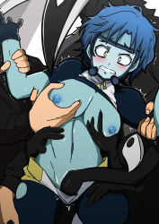 Rule 34 | 1girl, 3boys, absurdres, bird mask, black skin, blue hair, blue skin, blush, boku no hero academia, grabbing another&#039;s breast, breasts, bubble girl (boku no hero academia), clenched teeth, colored skin, commentary, crop top, diving mask, gloves, goggles, grabbing, groping, hetero, highres, large breasts, mark gavatino, mask, multigrope, multiple boys, multiple hands, navel, nipples, open clothes, open shorts, rape, restrained, short hair, short sleeves, shorts, stomach, teeth, trembling, yellow eyes, zipper
