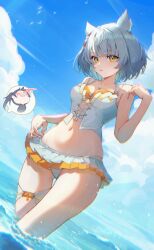 1girl alt_text animal_ear_fluff animal_ears arm_up aroused_nosebleed blood blue_sky breasts cat_ears cat_girl cloud commentary english_commentary grey_hair groin highres large_breasts looking_at_viewer medium_hair mio_(xenoblade) navel noah_(xenoblade) nosebleed outdoors simple_bird skindentation sky standing swimsuit wading water xenoblade_chronicles_(series) xenoblade_chronicles_3 yellow_eyes zu_ethel