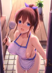Rule 34 | 1girl, :d, apron, bare shoulders, blue eyes, blush, bow, breasts, brown hair, cai geng, cleavage, collarbone, commentary request, covered erect nipples, cowboy shot, doorway, frilled apron, frills, hair bow, hair ribbon, highres, holding, idolmaster, idolmaster million live!, indoors, large breasts, long hair, looking at viewer, naked apron, open door, open mouth, paid reward available, plant, ponytail, potted plant, pov, pov doorway, ribbon, satake minako, short hair, short ponytail, side ponytail, sideboob, smile, solo, spatula, standing, tile floor, tiles, white apron, wooden floor