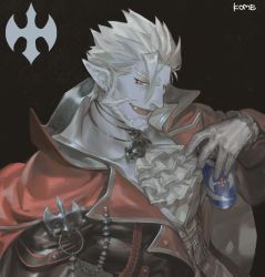 Rule 34 | 1boy, black background, blue skin, can, cape, colored skin, earrings, energy drink, facial hair, fang, frischenq, gilzaren iii, gloves, holding, holding can, jewelry, male focus, nijisanji, open mouth, photoshop (medium), pointy ears, red cape, red eyes, signature, simple background, slit pupils, smile, solo, upper body, vampire, virtual youtuber, white gloves, white hair