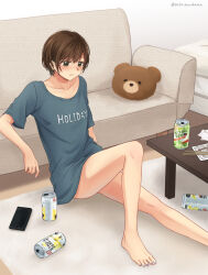 Rule 34 | 1girl, animal-shaped pillow, artist name, bare legs, barefoot, beer can, blue shirt, blush, brown hair, can, cellphone, chopsticks, collarbone, commentary request, commission, couch, drink can, green eyes, highres, indoors, knee up, living room, original, phone, pillow, pixiv commission, setu kurokawa, shirt, short hair, short sleeves, sitting, smartphone, solo, t-shirt, twitter username, watermark