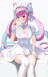Rule 34 | 1girl, :o, absurdres, anchor symbol, animal ear fluff, animal ears, blue hair, blush, bow, breasts, cat ears, cleavage, detached collar, dress, drill hair, feet out of frame, frilled hairband, frills, hair bow, hairband, hand on own thigh, highres, hololive, large breasts, long hair, looking to the side, maid headdress, minato aqua, multicolored hair, parted lips, pink hair, sidelocks, sitting, streaked hair, thighhighs, thighs, tobidasu00, twin drills, twintails, two-tone hair, virtual youtuber, white bow, white dress, white hairband, white thighhighs, wrist cuffs