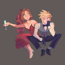 Rule 34 | 1boy, 1girl, aerith gainsborough, alicenpai, alternate costume, arm around shoulder, bare shoulders, black bow, black bowtie, black footwear, black pants, blonde hair, blue eyes, blush, bow, bowtie, bracelet, breasts, brown hair, cleavage, cloud strife, dress, dress shoes, final fantasy, final fantasy vii, final fantasy vii remake, flower, full body, green eyes, grey background, grey vest, hair bow, hair flower, hair ornament, hair ribbon, hand on another&#039;s shoulder, hand to own mouth, high heels, holding glass, jewelry, long hair, long sleeves, medium breasts, necklace, official alternate costume, one eye closed, open mouth, pants, parted bangs, red dress, red flower, red ribbon, ribbon, ringlets, shirt, short hair, sitting, smile, spiked hair, square enix, strapless, strapless dress, vest, waistcoat, wall market, white footwear, white shirt