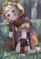 Rule 34 | 1girl, :&lt;, absurdres, animal ears, arm guards, armor, black gloves, blurry, blurry background, blush, bush, closed mouth, dappled sunlight, eyes visible through hair, fingerless gloves, fishnets, genshin impact, gloves, grass, green hair, hand gesture, highres, hood, hood up, hoshino mokuzu, leaf, leaf on head, light green hair, light particles, light rays, medium hair, ninja, outdoors, patterned, patterned clothing, red eyes, sayu (genshin impact), solo, sunlight, tail, thigh strap, tree, vambraces, wide sleeves