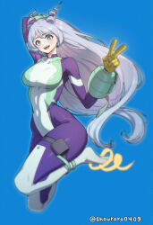 Rule 34 | 1girl, arm up, blue background, blue bodysuit, blue eyes, blue hair, bodysuit, boku no hero academia, covered navel, curvy, full body, gloves, green bodysuit, hadou nejire, hair horns, hand up, highres, long hair, looking at viewer, multicolored bodysuit, multicolored clothes, open mouth, shouroro, simple background, solo, superhero costume, thick thighs, thighs, twitter username, v, yellow gloves