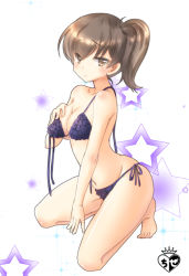 Rule 34 | 10s, 1girl, alternate costume, arm support, bare arms, bare legs, bikini, blue background, blue bikini, breasts, brown eyes, brown hair, chize, collarbone, embarrassed, eyebrows, frilled bikini, frills, from side, full body, hair between eyes, hand on own chest, kaga (kancolle), kantai collection, kneeling, looking at viewer, medium breasts, midriff, navel, side-tie bikini bottom, side ponytail, solo, star (symbol), starry background, stomach, swimsuit, thighs, toes, untied bikini, white background