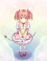 Rule 34 | 10s, 1girl, bow, bow (weapon), choker, dress, female focus, from above, full body, gloves, gradient background, hair bow, highres, jewelry, kaname madoka, kneehighs, looking at viewer, mahou shoujo madoka magica, mahou shoujo madoka magica (anime), nanaran, pink eyes, pink hair, short hair, smile, socks, solo, twintails, weapon, white socks