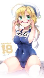 Rule 34 | 10s, 1girl, :o, adjusting eyewear, ahoge, blonde hair, blush, breasts, breasts squeezed together, character name, cleavage, collarbone, dated, female focus, glasses, green eyes, hair ribbon, hat, highres, i-8 (kancolle), image sample, kantai collection, kuro chairo no neko, large breasts, long hair, name tag, one-piece swimsuit, open mouth, red-framed eyewear, resolution mismatch, ribbon, sailor hat, school swimsuit, semi-rimless eyewear, sitting, solo, source larger, swimsuit, thighhighs, twintails, twitter username, under-rim eyewear, white thighhighs