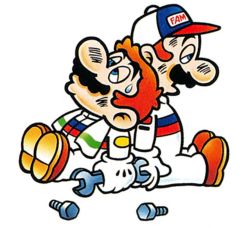 Rule 34 | 2boys, blue eyes, bodysuit, brothers, brown hair, facial hair, famicom, famicom grand prix ii: 3d hot rally, full body, game console, hat, luigi, mario, multiple boys, mustache, nintendo, official art, siblings, sweat, tired, tools, twins
