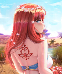 Rule 34 | 1girl, aqua eyes, artezahn, back tattoo, bandeau, bare back, bare shoulders, blue sky, breasts, cloud, day, desert, flower, from behind, genshin impact, highres, looking at viewer, looking back, medium breasts, nilou (genshin impact), outdoors, parted lips, pink flower, red hair, sky, solo, tattoo, upper body