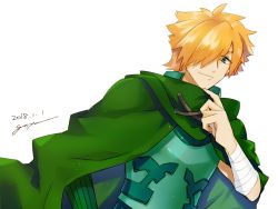 Rule 34 | 1boy, adjusting clothes, armor, bandaged arm, bandages, cape, cloak, fate/extra, fate/grand order, fate (series), goya (xalbino), green eyes, hair over one eye, looking at viewer, male focus, orange hair, robin hood (fate), signature, smile, solo, upper body, white background