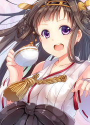 Rule 34 | 10s, 1girl, absurdres, bare shoulders, breasts, brown hair, cup, detached sleeves, double bun, hair ornament, hairband, headgear, highres, japanese clothes, kadokawa games, kantai collection, kongou (kancolle), long hair, nanahosiryuuki, nontraditional miko, open mouth, personification, purple eyes, solo, teacup