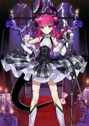 Rule 34 | 10s, 1girl, asymmetrical horns, black dress, blue eyes, detached sleeves, dress, elizabeth bathory (fate), elizabeth bathory (fate/extra ccc), elizabeth bathory (second ascension) (fate), fate/extra, fate/extra ccc, fate/grand order, fate (series), gradient hair, hair ribbon, horns, long hair, microphone, microphone stand, multicolored hair, official art, pink hair, pointy ears, ribbon, rojiura satsuki : chapter heroine sanctuary, solo, tail, tail ornament, tail ribbon, uneven horns, wada arco, wrist cuffs