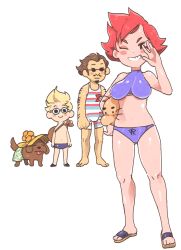 Rule 34 | 1girl, 2boys, ;), bag, blonde hair, blush, boney, breasts, brown hair, child, dog, doseisan, duster (mother), facial hair, flower, full body, glasses, goggles, hat, inkerton-kun, kumatora, lucas (mother 3), mother (game), mother 3, multiple boys, navel, nintendo, one eye closed, pink hair, sandals, short hair, simple background, smile, sunglasses, swimsuit, tail, tongue, tongue out, whiskers, white background