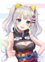 Rule 34 | 1girl, :d, bad id, bad pixiv id, bare shoulders, black dress, blue eyes, blush, breasts, cleavage, cleavage cutout, clothing cutout, commentary request, dress, hair ornament, hairclip, hand on own hip, head tilt, kaguya luna, long hair, medium breasts, obi, open mouth, pointing, pointing at viewer, sash, seungju lee, silver hair, sleeveless, sleeveless dress, smile, solo, the moon studio, twintails, virtual youtuber