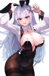 Rule 34 | 1girl, absurdres, animal ears, arms up, bell, black leotard, breasts, brown pantyhose, center opening, contrapposto, covered navel, cropped jacket, detached collar, fake animal ears, grey hair, h.pn, hair ornament, highleg, highleg leotard, highres, jacket, jingle bell, large breasts, leotard, long hair, long sleeves, looking at viewer, neck bell, original, pantyhose, playboy bunny, rabbit ears, red eyes, simple background, smile, solo, strapless, strapless leotard, thighband pantyhose, very long hair, white background, white jacket, wing collar, wrist cuffs, x hair ornament