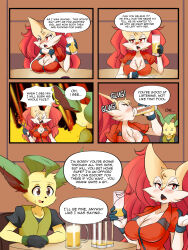 Rule 34 | 1boy, 1girl, absurdres, animal ears, beer mug, blue dress, blue gloves, blush, braixen, braxy (lucyfer), breast press, breasts, cleavage, cosplay, creatures (company), cup, dress, drunk, elbow gloves, english text, fox girl, furry, furry female, game freak, gen 4 pokemon, gen 6 pokemon, gloves, hetero, highres, kaito (lucyfer), large breasts, leafeon, long hair, looking at another, lucyfer, may (pokemon) (cosplay), mug, nintendo, no humans, open mouth, personification, pokemon, sitting, smile, very long hair, white hair, wide hips