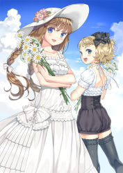 Rule 34 | 2girls, :d, aqua eyes, black bow, black legwear, blonde hair, blue eyes, blush, bow, braid, brown hair, cloud, cross-laced clothes, daisy, day, dress, flower, frilled dress, frills, from behind, hair bow, hamashima shigeo, hat, hat flower, holding, long hair, looking at viewer, looking back, multiple girls, open mouth, original, short hair, sky, smile, striped, striped bow, sun hat, sundress, thighhighs, twin braids, twintails, white bow, white dress