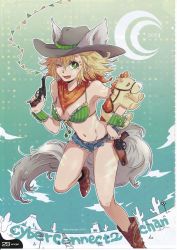 Rule 34 | + +, 1girl, animal ears, bare shoulders, blonde hair, cowboy hat, crop top, cyberconnect2, fang, goggles, green eyes, gun, handgun, hat, highres, holster, navel, neptune (series), one eye closed, open mouth, pistol, scan, scarf, short hair, tail, weapon